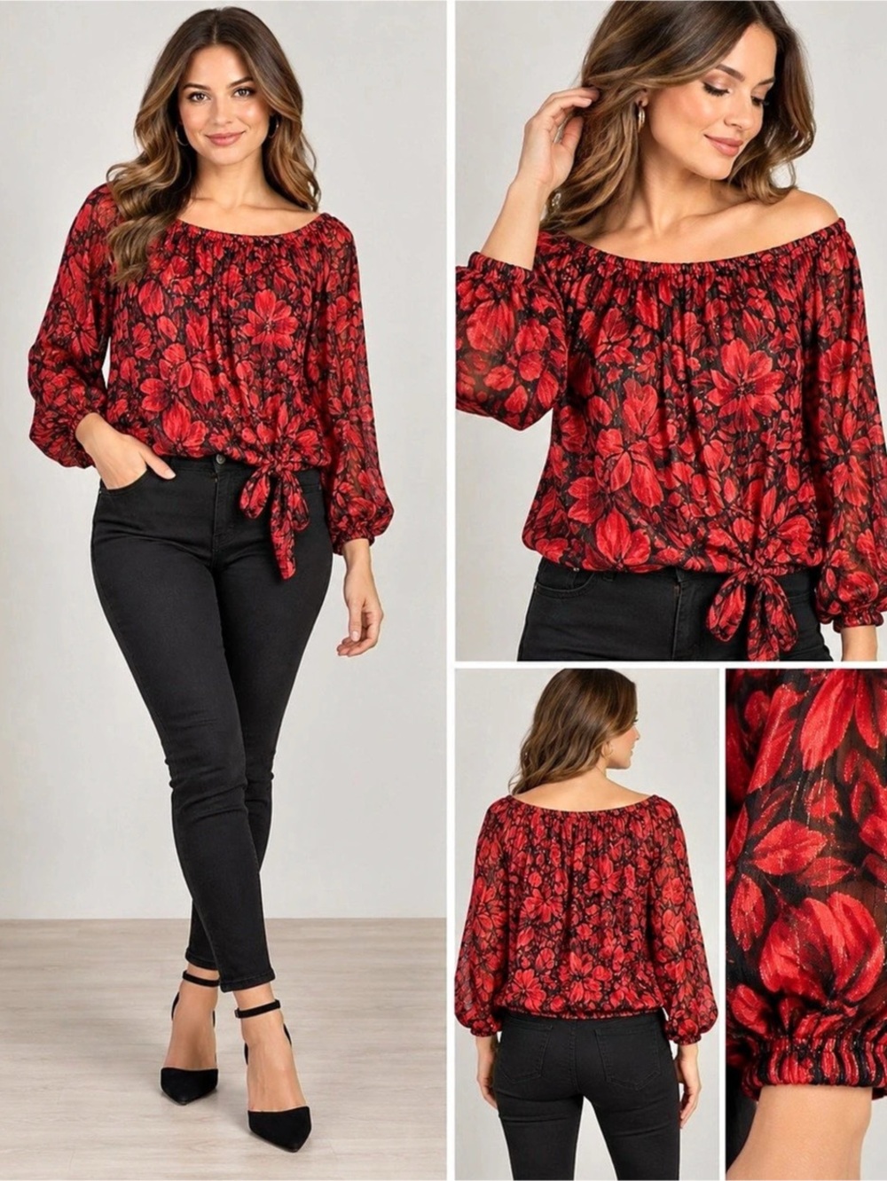 CeCe Red Black Floral Tie Front Blouse Women’s Large Metallic